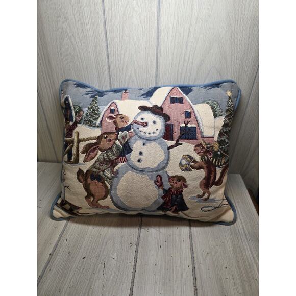 Vtg Tapestry Pillow Winter Scene Holiday Snowman Bunnies Bird Cardinal Barn - Picture 1 of 4